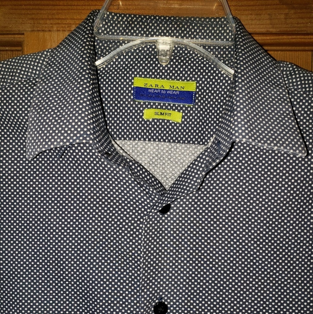 Zara Men's Navy Blue and White Dress Shirt